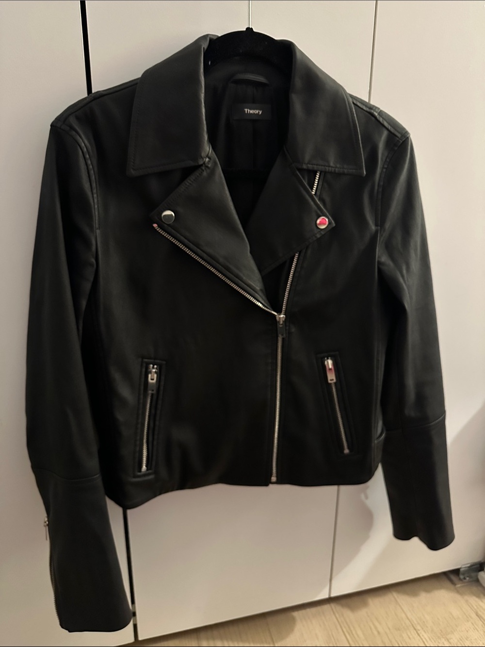 Theory Black Leather Moto Jacket with Silver Hardware
